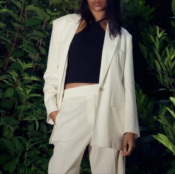 Zara Ecru Linen Blend Belted One Button Blazer - Picture 2 of 16